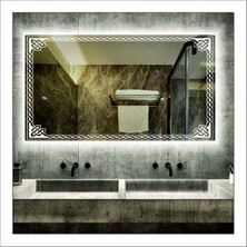 70X90 cm Beyaz Ledli Tasarım Kumlamalı Banyo Aynası Makyaj Aynası Işıklı Ayna