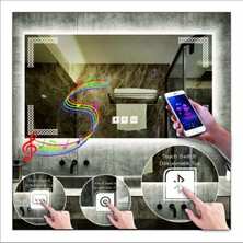 70X100 cm Beyaz Ledli Tasarım Kumlamalı Dokunmatik Bluetoothlu Buğu Önleyicili Makyaj Banyo Aynası