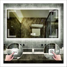 70X100 cm Beyaz Ledli Tasarım Kumlamalı Dokunmatik Tuşlu Buğu Önleyicili Banyo Aynası Makyaj Aynası