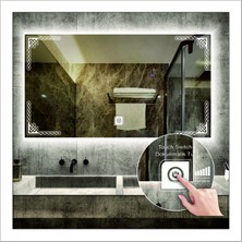 60X80 cm Beyaz Ledli Tasarım Kumlamalı Dokunmatik Tuşlu Banyo Aynası Makyaj Aynası Işıklı Ayna