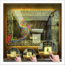 60X80 cm Günışığı Ledli Tasarım Kumlamalı Dokunmatik Bluetoothlu Buğu Önleyicili Makyaj Banyo Aynası