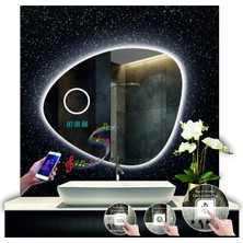 Dnr-Mirror 80 cm Çapında Bluetoothlu Buğu Çözücülü Dokunmatik Ledli Makyaj Aynalı Asimetrik Banyo Aynası