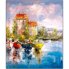 Venedik Manzaralı Deniz ve Renkli Sandallar Yağlı Boya Dokulu Tablo