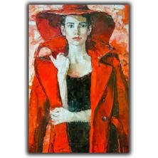 Kırmızı Paltolu Kadın Yaglı Boya Dokulu Kanvas Tablo