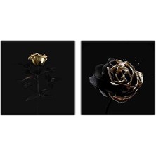 Altın Yapraklı Siyah Güller Ikili Kanvas Tablo