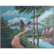 Göl ,dağ ve Ağaç Manzaralı Ev Orijinal Yağlı Boya Tablo