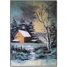 Kış, Kar ve Kulübe Manzaralı Orijinal Yağlı Boya Tablo