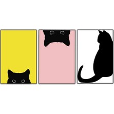 Beyaz Pembe ve Sarı Fonlu Kara Kedi Uc'lu Kanvas Tablo