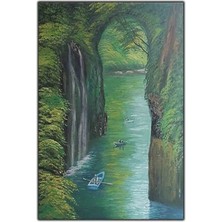 Yemyeşil Manzara ve Şelale Ile Kayıklar  Orijinal Yağlı Boya Tablo
