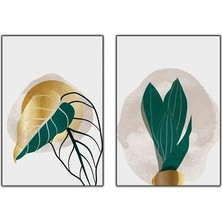 Altın Saksıdaki Bitki ve Altın Yapraklı Bitki Ikili Kanvas Tablo