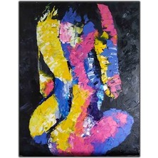 Arkası Dönük Oturan Renkli Nü Kadın Yağlı Boya Dokulu Tablo