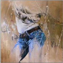 Mavi Pantolonlu Kadın Yağlı Boya Dokulu  Tablo