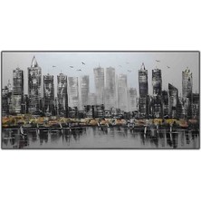 Soyut Şehir Manzaralı Deniz ve Binalar Orijinal Yağlı Boya Tablo