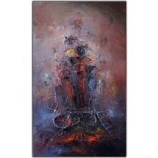 Soyut Tekerlekli Araç Üzerindeki Evler Yağlı Boya Dokulu Tablo