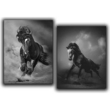 Siyah Beyaz Kosan Atlar Ikılı Set Kanvas Tablo