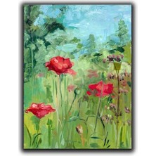 Kırmızı Cıcekler Yaglı Boya Dokulu Kanvas Tablo