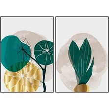 Altın Saksıdaki Bitki ve Yaprak Ikili Kanvas Tablo