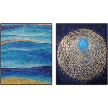 Deniz Manzarası ve Gold Detaylı Daire Ikili Yağlı Boya Dokulu Tablo