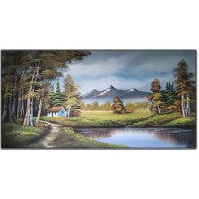 Sonbahar Temalı Ağaçlar Göl Ev ve Dağ Manzarası Orijinal Yağlı Boya Tablo