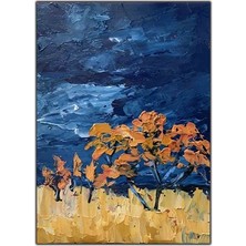 Bulutlu Havada Turuncu Ağaçlar ve Sonbahar Yağlı Boya Dokulu Tablo