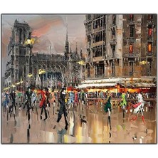 Paris Sokaklarında Notre Dame Manzarası Eşliğinde Gezen Insanlar Yağlı Boya Dokulu Tablolar