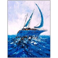 Dalgadaki Yelkenli Mavi Gemi Yağlı Boya Dokulu Tablo