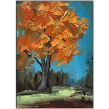 Ormandaki Turuncu Yapraklı Ağaç Yağlı Boya Dokulu Tablo