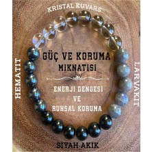 NehirTaş Sertifikalı   Doğal Taş Güç ve Koruma Mıknatısı Bilekliği (Kristal Kuvars, Hematit, Larvakit , Siyah Akik )