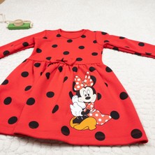 Momikon Kız Çocuk Minnie Mouse Baskılı Pamuklu Uzun Kollu Elbise