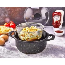 Bersa Chef Fiesta Granit Gri Fritöz Tenceresi Kapaklı Kızartma Tenceresi 22CM
