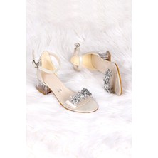 Kiko Kids Kız Çocuk Sandalet 3 cm Şeffaf Topuklu Taşlı Altın Suni Deri PVC Malzeme