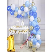 Mavi Gold Konfetili Balon Zincir Seti 1 Yaş