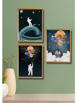 Nt Handmade 3 Parça Ahşap Çerçeve Görünümlü Astronot ve Gezegenler - Salon Yatak Odası Mutfak Için Tablo Seti