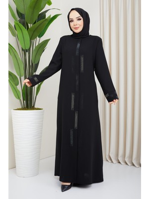 Hafsa Mina Taş Detaylı Büyük Beden Ferace Siyah