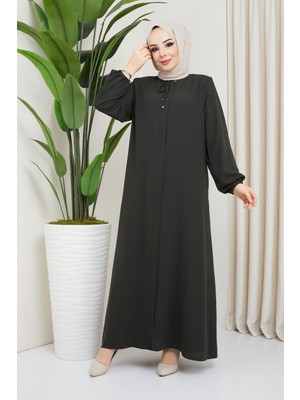 Hafsa Mina Önü Patlı Büyük Beden Haki Ferace