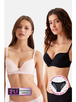 Pierre Cardin 2'li Ekonomik Paket Pudra-Siyah 6329-3 Lyon Balenli Double Push Up  Micro Sütyen Set (Slip Hediyeli)