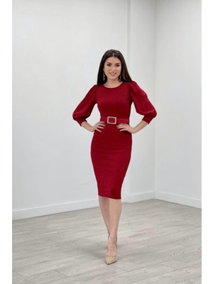 giyimmasalı Pırıltılı Kumaş Kolları Balon Detaylı Kalem Elbise - Kırmızı10