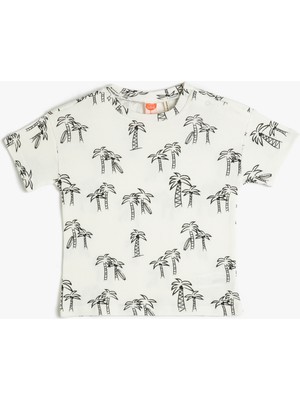 Koton Kısa Kollu Pamuklu Tişört Bisiklet Yaka Erkek Çocuk İçin Günlük Krem Renkli Baskılı