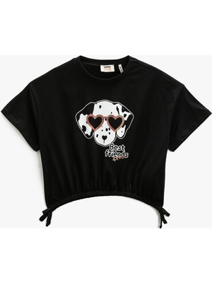 Koton Kısa Kollu Crop Tişört Köpek Baskılı Beli Lastikli Bisiklet Yaka Simli Pamuklu