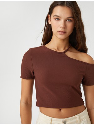 Koton Crop Tişört Kısa Kollu Pencere Detaylı Bisiklet Yaka