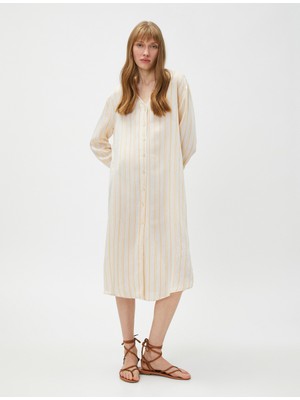 Koton Midi Gömlek Elbise V Yaka Keten Karışımlı