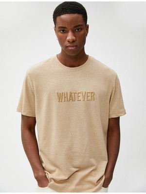 Koton Slogan Işlemeli Tişört Dokulu Bisiklet Yaka Kısa Kollu