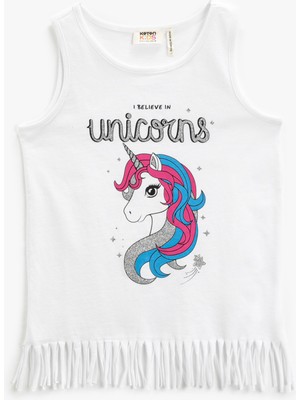 Koton Kolsuz Tişört Bisiklet Yaka Unicorn Baskılı Püsküllü
