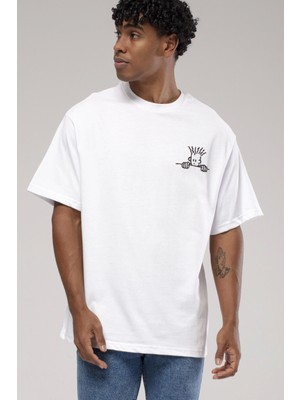 Glb Catch Erkek Owersıze Bisiklet Yaka Fido Baskılı Tişört -Beyaz