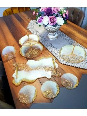 Sultan Tasarım Epoksi Güzelliği Büyük Çeyiz Seti Bardak Altlığı Sunumluk Katlı Kurabiyelik Tepsi