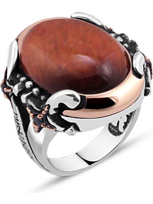 Amberkan Kapşonlu Kırmızı Kaplan Gözü Kenarları Kılıçlı Erkek Yüzük