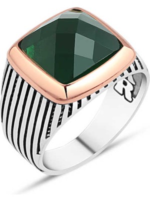 Amberkan Kesme Yeşil Zirkon Taşlı Erkek Yüzük