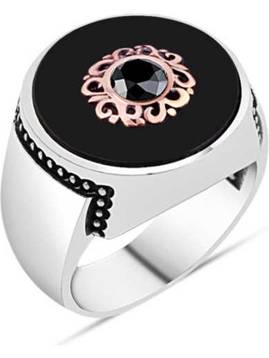 Amberkan Oniks Taş Ortası Zirkon Taş Motifli Erkek Yüzük