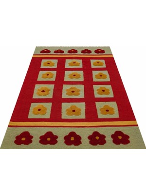 Bespoky Kilim Kırmızı Çiçekli Yün ve Pamuk Kilim Oda Salon Halısı