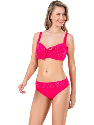 Endeep Kadın Fiyonk ve Taş Detaylı Büyük Beden Pembe Bikini Takımı
